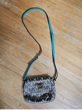 Michael Kors Brown Monogram Crossbody with Turquoise Strap